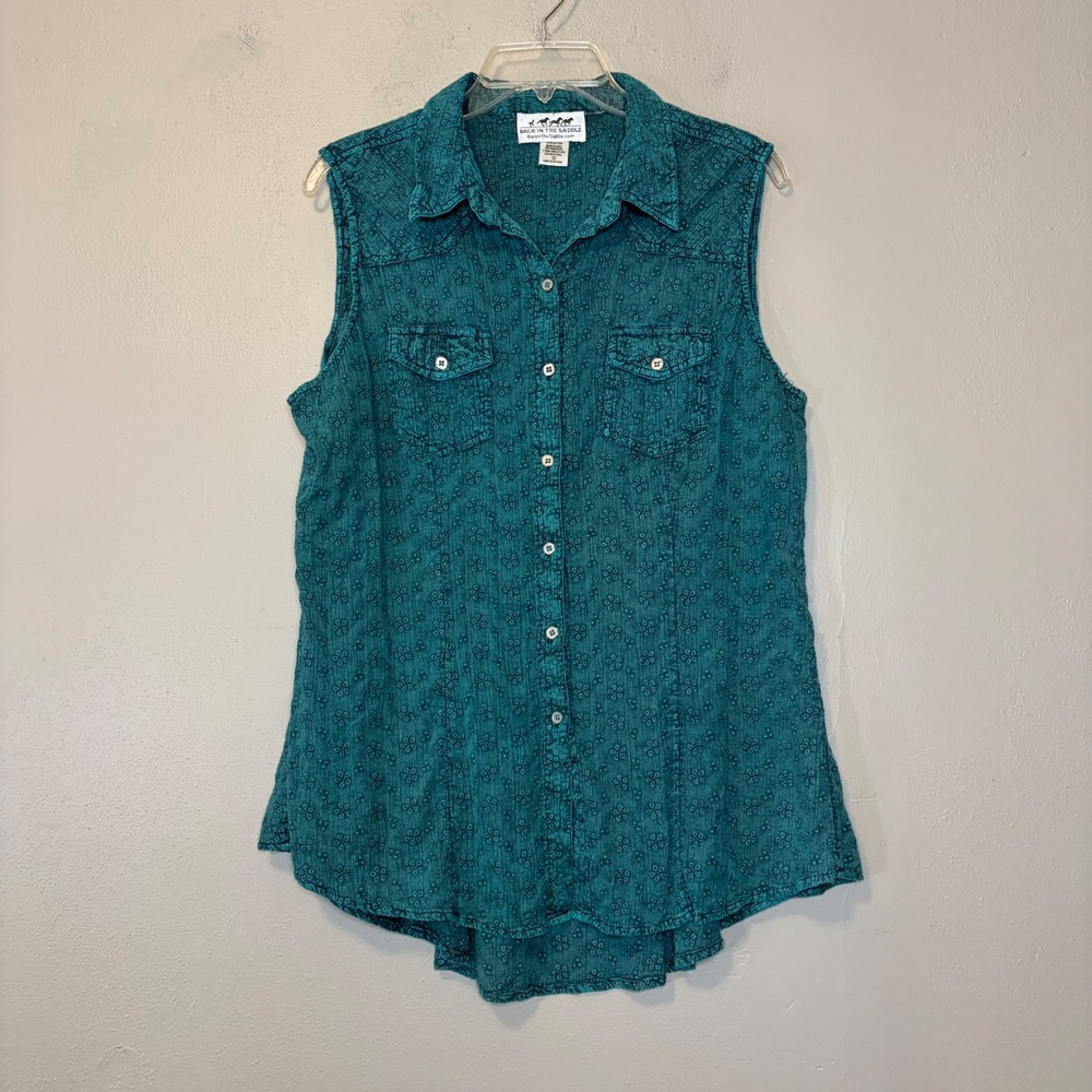 Back In The Saddle Womens L Teal Floral Eyelet Sleeveless Western Top High Low
